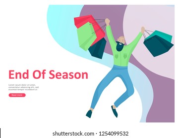 Landing page templates. People running for sale, crazy discounts, end of season, carrying shopping bags with purchases. Madness on seasonal sale at store shop. Cartoon character for black friday