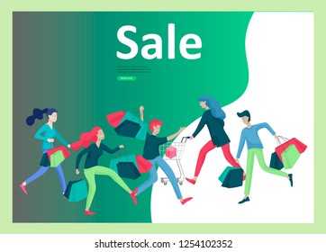 Landing page templates. People running for sale, crazy discounts, end of season, carrying shopping bags with purchases. Madness on seasonal sale at store shop. Cartoon character for black friday