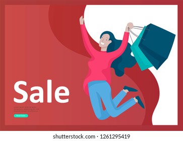 Landing page templates. People running for sale, crazy discounts, end of season, carrying shopping bags with purchases. Madness on seasonal sale at store shop. Cartoon character for black friday