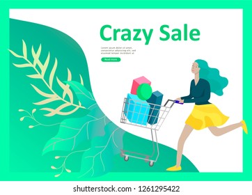 Landing page templates. People running for sale, crazy discounts, end of season, carrying shopping bags with purchases. Madness on seasonal sale at store shop. Cartoon character for black friday