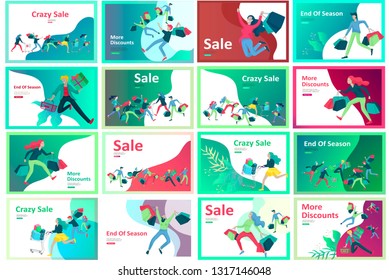 Landing page templates. People running for sale, crazy discounts, end of season, carrying shopping bags with purchases. Madness on seasonal sale at store shop. Cartoon character for black friday
