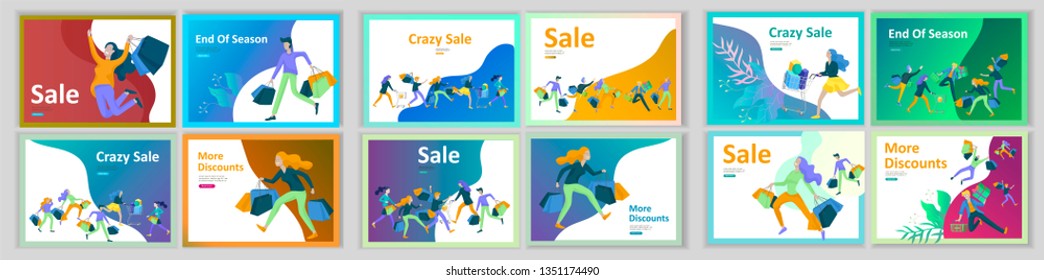 Landing page templates. People running for sale, crazy discounts, end of season, carrying shopping bags with purchases. Madness on seasonal sale at store shop. Cartoon character for black friday