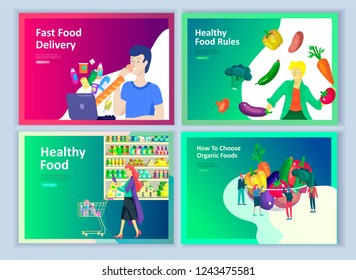 Landing page templates with people who prepare healthy organic food, simple recipes, how to choose products in the supermarket, food delivery and fast food. Culinary blog or diet concept