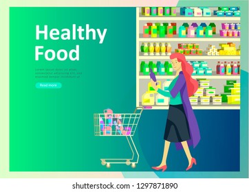 Landing page templates with people who prepare healthy organic food, simple recipes, how to choose products in the supermarket, food delivery and fast food. Culinary blog or diet concept