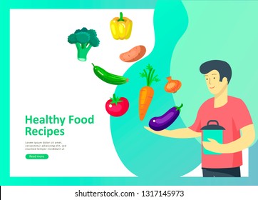 Landing page templates with people who prepare healthy organic food, simple recipes, how to choose products in the supermarket, food delivery and fast food. Culinary blog or diet concept