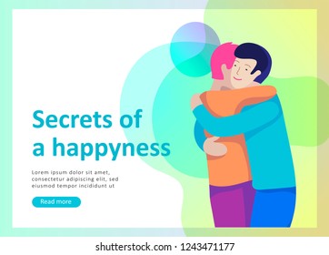 Landing page templates for positive psychology, group family psychotherapy. Happy friends character have positive emotions, way to happiness and happy life munderstanding with friends and loved