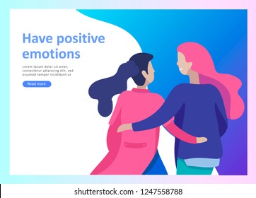 Landing page templates for positive psychology, group family psychotherapy. Happy friends character have positive emotions, way to happiness and happy life munderstanding with friends and loved