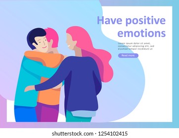 Landing page templates for positive psychology, group family psychotherapy. Happy friends character have positive emotions, way to happiness and happy life munderstanding with friends and loved