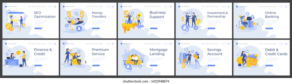 Landing page templates set business concepts with people characters. Modern flat design web page for website and mobile apps. Vector illustration