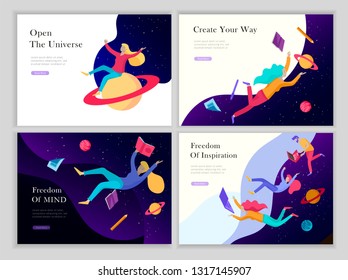 landing page templates set. Inspired People flying in space and reading online books. Characters moving and floating in dreams, imagination and freedom inspiration. Flat design, vector illustration.