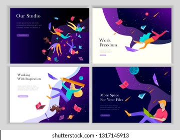 landing page templates set. Inspired People flying. Create your own spase. Characters moving and floating in dreams, imagination and freedom inspiration design work. Flat design style