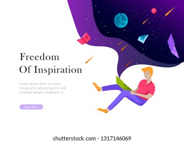 landing page templates set. Inspired People flying in space and reading online books. Characters moving and floating in dreams, imagination and freedom inspiration. Flat design, vector illustration.