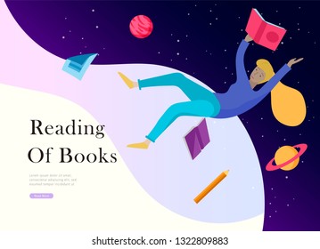 landing page templates set. Inspired People flying in space and reading online books. Characters moving and floating in dreams, imagination and freedom inspiration. Flat design, vector illustration.