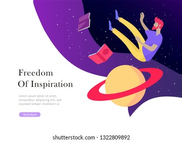 landing page templates set. Inspired People flying in space and reading online books. Characters moving and floating in dreams, imagination and freedom inspiration. Flat design, vector illustration.