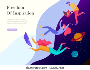 landing page templates set. Inspired People flying in space and reading online books. Characters moving and floating in dreams, imagination and freedom inspiration. Flat design, vector illustration.