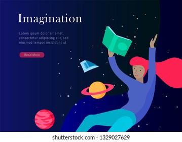landing page templates set. Inspired People flying in space and reading online books. Characters moving and floating in dreams, imagination and freedom inspiration. Flat design, vector illustration.