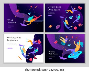 landing page templates set. Inspired People flying. Create your own spase. Characters moving and floating in dreams, imagination and freedom inspiration design work. Flat design style