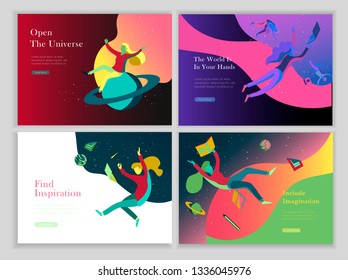 landing page templates set. Inspired People flying in space and reading online books. Characters moving and floating in dreams, imagination and freedom inspiration. Flat design, vector illustration.