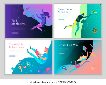 landing page templates set. Inspired People flying. Create your own spase. Characters moving and floating in dreams, imagination and freedom inspiration design work. Flat design style