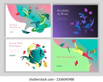 landing page templates set. Inspired People flying. Create your own spase. Characters moving and floating in dreams, imagination and freedom inspiration design work. Flat design style