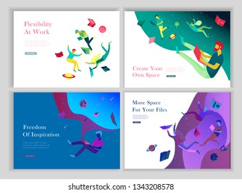 landing page templates set. Inspired People flying. Create your own spase. Characters moving and floating in dreams, imagination and freedom inspiration design work. Flat design style