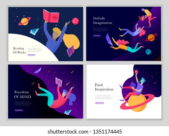 landing page templates set. Inspired People flying in space and reading online books. Characters moving and floating in dreams, imagination and freedom inspiration. Flat design, vector illustration.