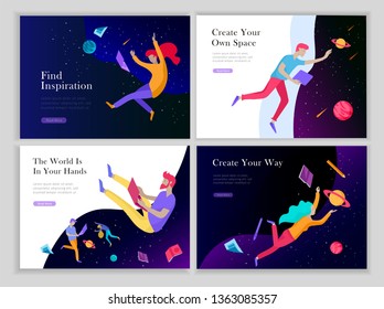 landing page templates set. Inspired People flying. Create your own spase. Characters moving and floating in dreams, imagination and freedom inspiration design work. Flat design style