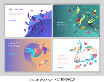 landing page templates set. Inspired People flying. Create your own spase. Characters moving and floating in dreams, imagination and freedom inspiration design work. Flat design style