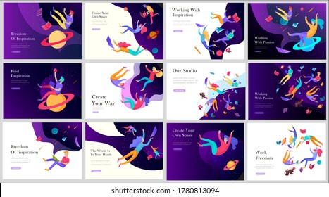 landing page templates set. Inspired People flying in space and reading online books. Characters moving and floating in dreams, imagination and freedom inspiration. Flat design, vector illustration.