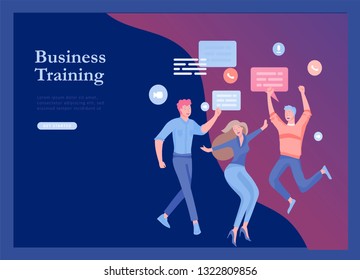 landing page templates set with team People moving. Business invitation and corporate party, design training courses, about us, expert team, happy teamwork. Flat characters design illustration