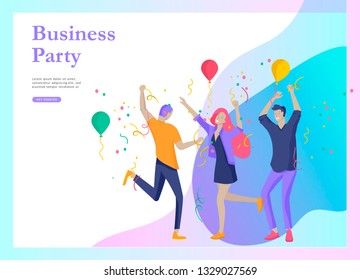 landing page templates set with team People moving. Business invitation and corporate party, design training courses, about us, expert team, happy teamwork. Flat characters design illustration