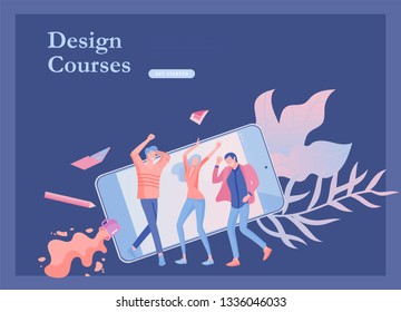 landing page templates set with team People moving. Business invitation and corporate party, design training courses, about us, expert team, happy teamwork. Flat characters design illustration