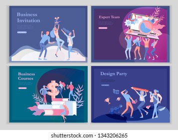 landing page templates set with team People moving. Business invitation and corporate party, design training courses, about us, expert team, happy teamwork. Flat characters design illustration