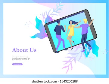 landing page templates set with team People moving. Business invitation and corporate party, design training courses, about us, expert team, happy teamwork. Flat characters design illustration