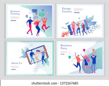 landing page templates set with team People moving. Business invitation and corporate party, design training courses, about us, expert team, happy teamwork. Flat characters design illustration