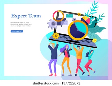 landing page templates set with team People moving. Business invitation and corporate party, design training courses, about us, expert team, happy teamwork. Flat characters design illustration