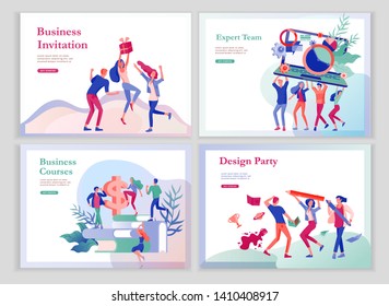 landing page templates set with team People moving. Business invitation and corporate party, design training courses, about us, expert team, happy teamwork. Flat characters design illustration