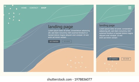 Landing page templates suitable for web, tablet and mobile device, in flat style, simple waves design inspirated on summer and springtime. Blue, white, dark grey, turquoise green and beige colors. 