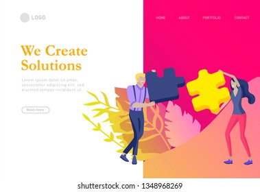 Landing page templates. Vector character business people with infographic of puzzle have solution. Goal thinking. Cooperation by group to create a team. Concept for web design Colorful flat concept