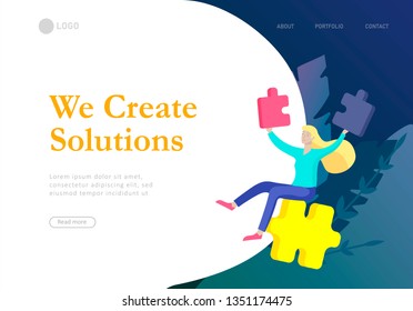 Landing page templates. Vector character business people with infographic of puzzle have solution. Goal thinking. Cooperation by group to create a team. Concept for web design Colorful flat concept