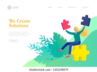 Landing page templates. Vector character business people with infographic of puzzle have solution. Goal thinking. Cooperation by group to create a team. Concept for web design Colorful flat concept