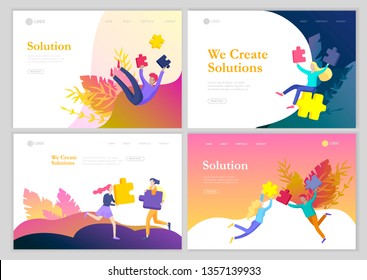 Landing page templates. Vector character business people with infographic of puzzle have solution. Goal thinking. Cooperation by group to create a team. Concept for web design Colorful flat concept