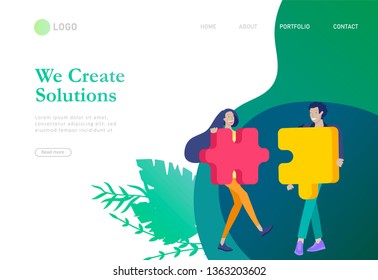 Landing page templates. Vector character business people with infographic of puzzle have solution. Goal thinking. Cooperation by group to create a team. Concept for web design Colorful flat concept