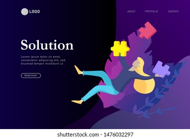 Landing page templates. Vector character business people with infographic of puzzle have solution. Goal thinking. Cooperation by group to create a team. Concept for web design Colorful flat concept