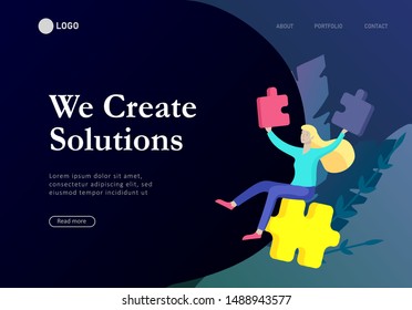Landing page templates. Vector character business people with infographic of puzzle have solution. Goal thinking. Cooperation by group to create a team. Concept for web design Colorful flat concept