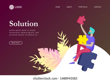 Landing page templates. Vector character business people with infographic of puzzle have solution. Goal thinking. Cooperation by group to create a team. Concept for web design Colorful flat concept