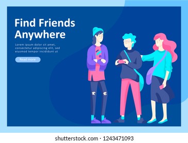 Landing page templates. Vector people happy friends character teenagers with gadgets are walking and chatting, meet new people, chat with old friends and make new. Colorful flat illustration