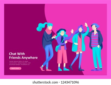 Landing page templates. Vector people happy friends character teenagers with gadgets are walking and chatting, meet new people, chat with old friends and make new. Colorful flat illustration