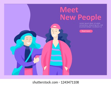 Landing page templates. Vector people happy friends character teenagers with gadgets are walking and chatting, meet new people, chat with old friends and make new. Colorful flat illustration