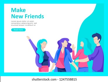 Landing page templates. Vector people happy friends character teenagers with gadgets are walking and chatting, meet new people, chat with old friends and make new. Colorful flat illustration